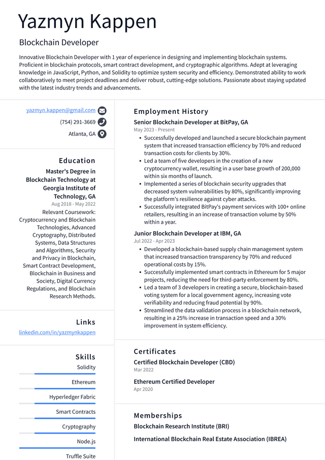 IBM Blockchain Developer Resume Example