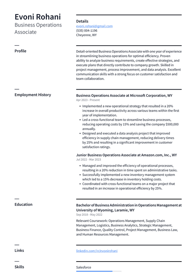 IBM Business Operations Associate Resume Example