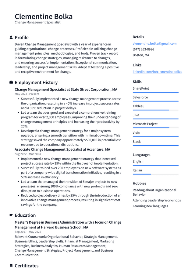 IBM Change Management Specialist Resume Example