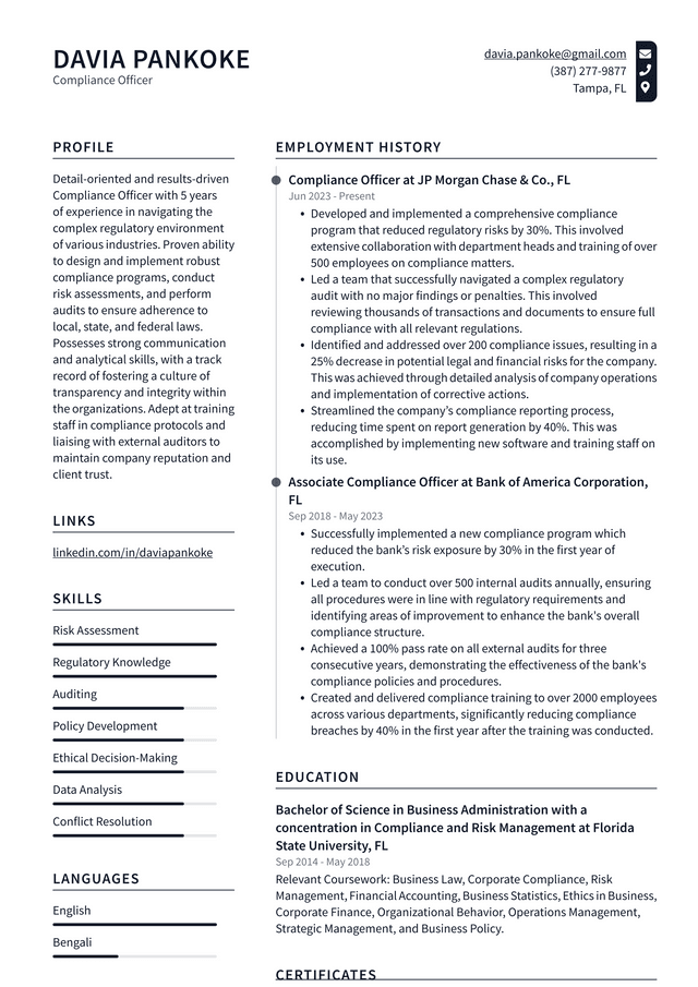 IBM Compliance Officer Resume Example