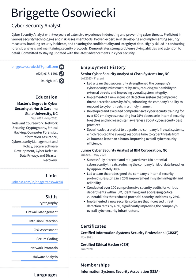 IBM Cyber Security Analyst Resume Example