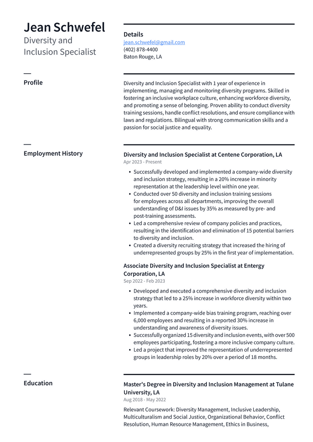 IBM Diversity and Inclusion Specialist Resume Example