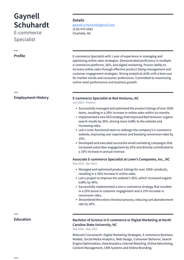 IBM E-commerce Specialist Resume Example