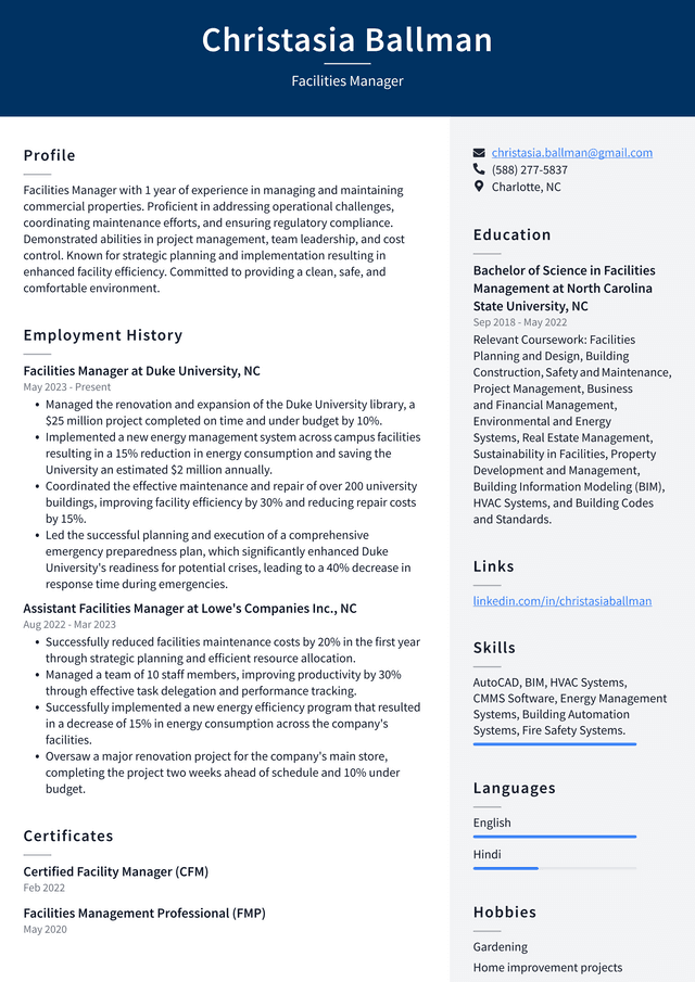 IBM Facilities Manager Resume Example