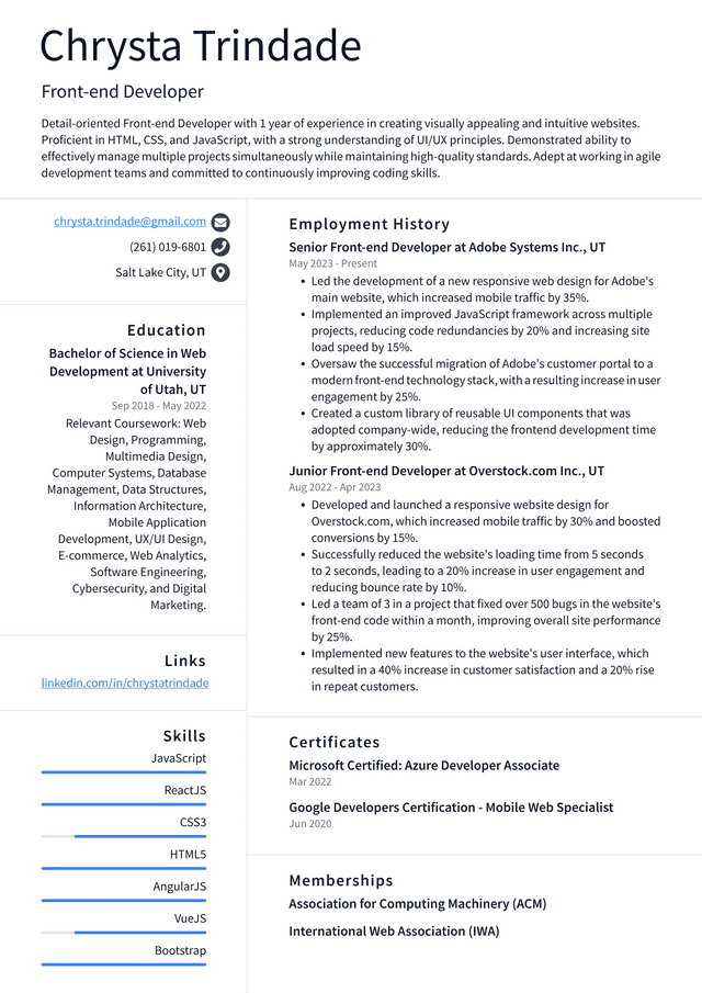 IBM Front-end Developer Resume Example