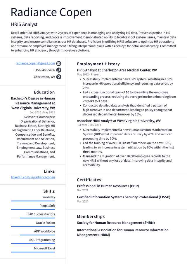 IBM HRIS Analyst Resume Example