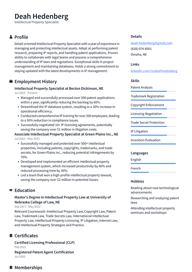 IBM Intellectual Property Specialist Resume Example