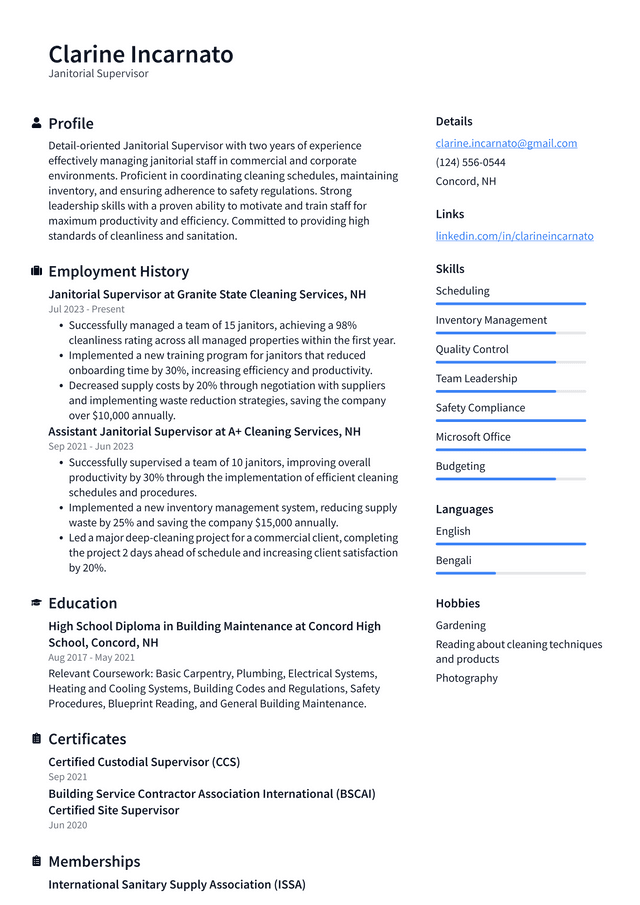 IBM Janitorial Supervisor Resume Example