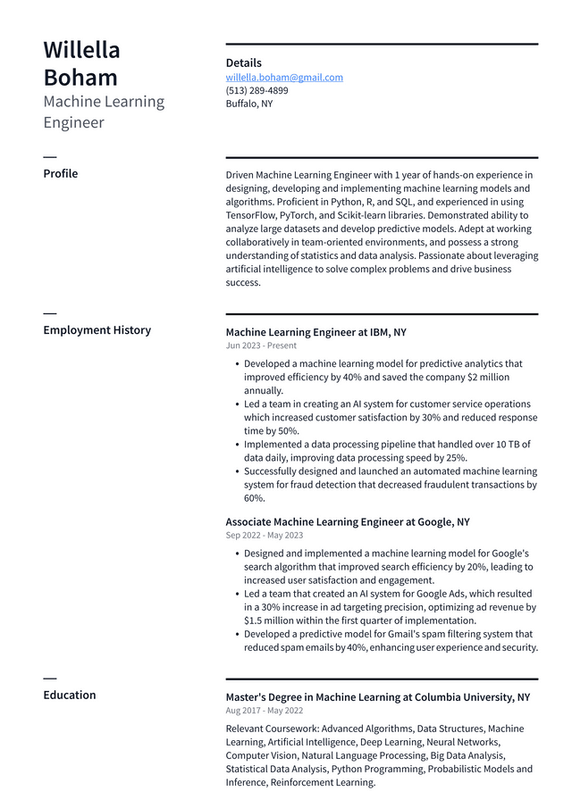 IBM Machine Learning Engineer Resume Example