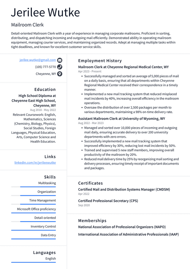 IBM Mailroom Clerk Resume Example