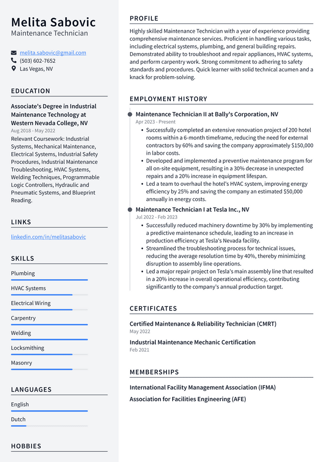 IBM Maintenance Technician Resume Example