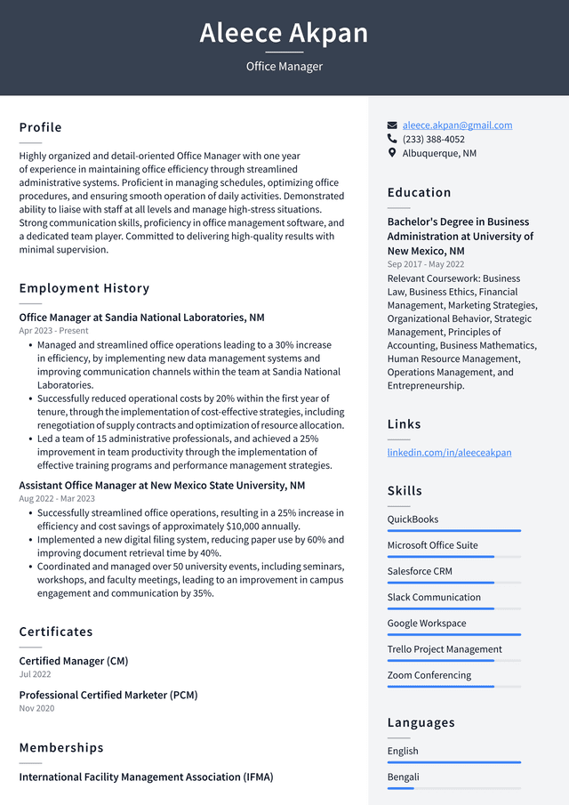 IBM Office Manager Resume Example