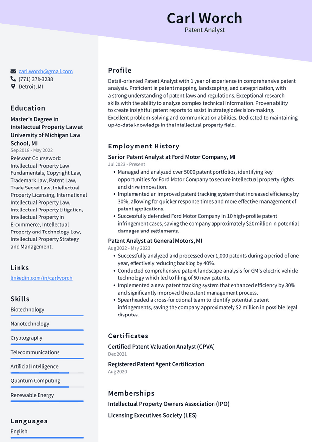 IBM Patent Analyst Resume Example
