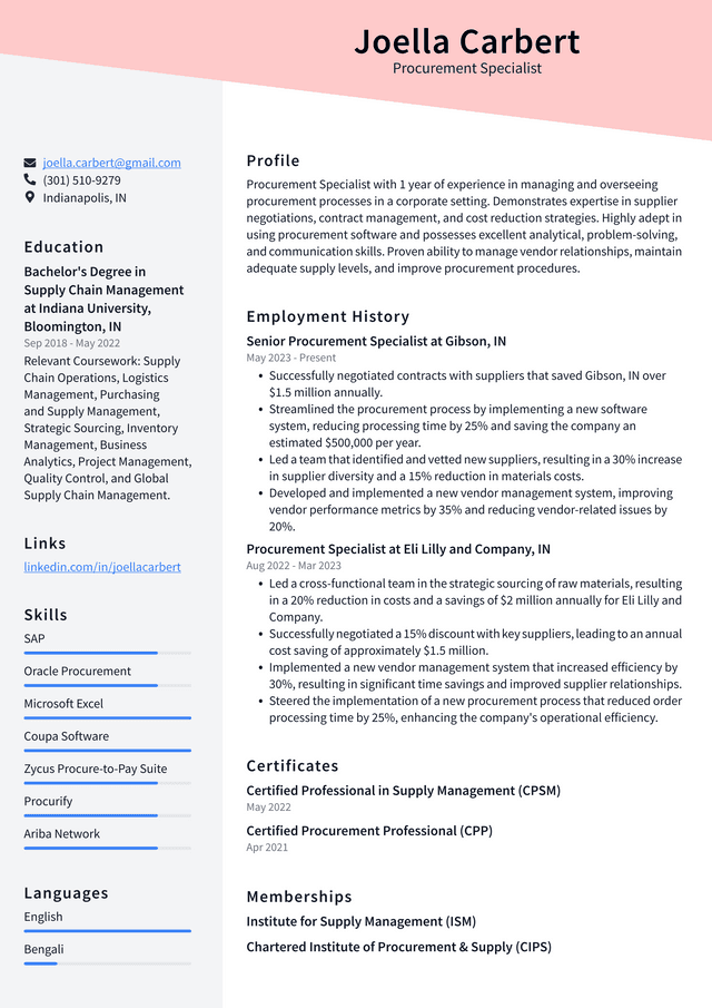 IBM Procurement Specialist Resume Example