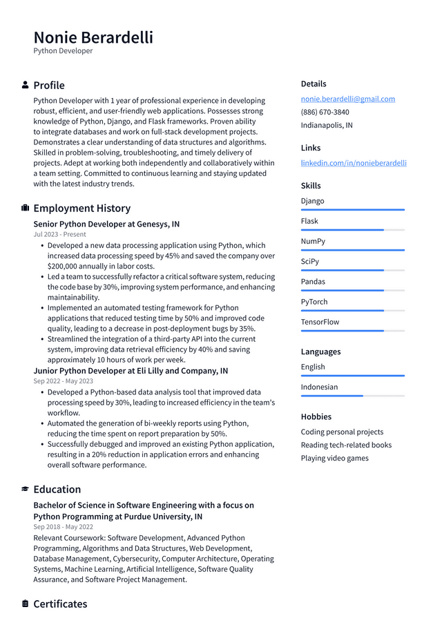 IBM Python Developer Resume Example