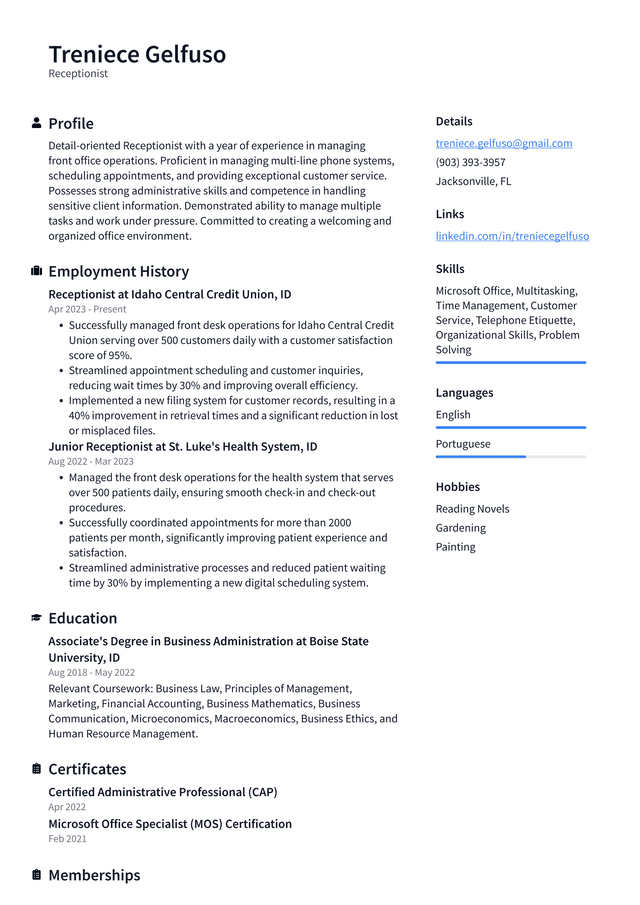 IBM Receptionist Resume Example