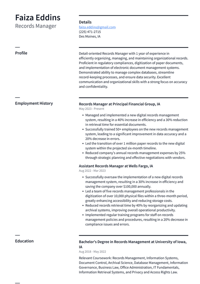 IBM Records Manager Resume Example