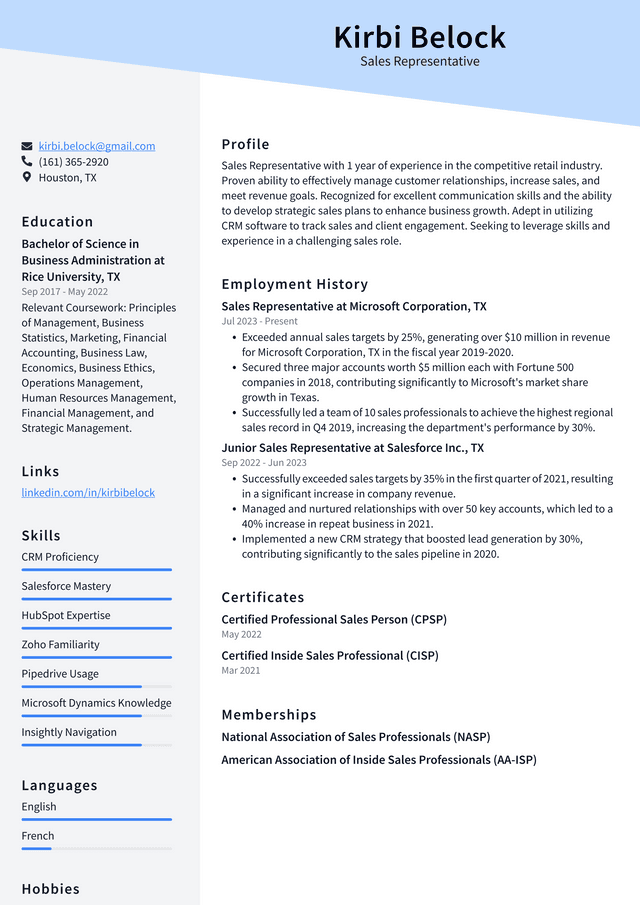 IBM Sales Representative Resume Example