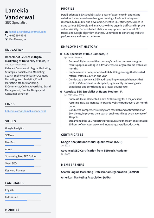 IBM SEO Specialist Resume Example