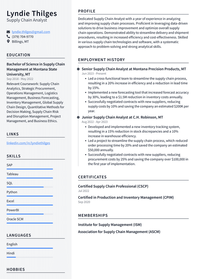 IBM Supply Chain Analyst Resume Example