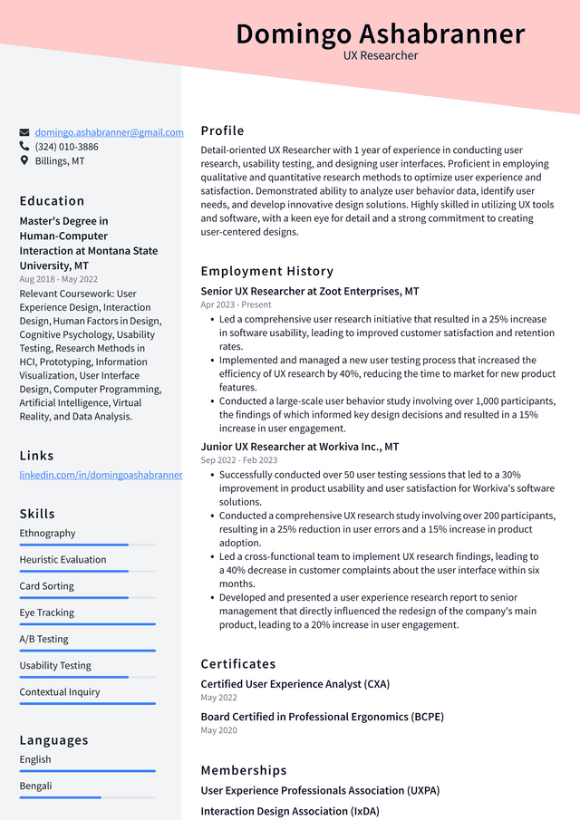 IBM UX Researcher Resume Example