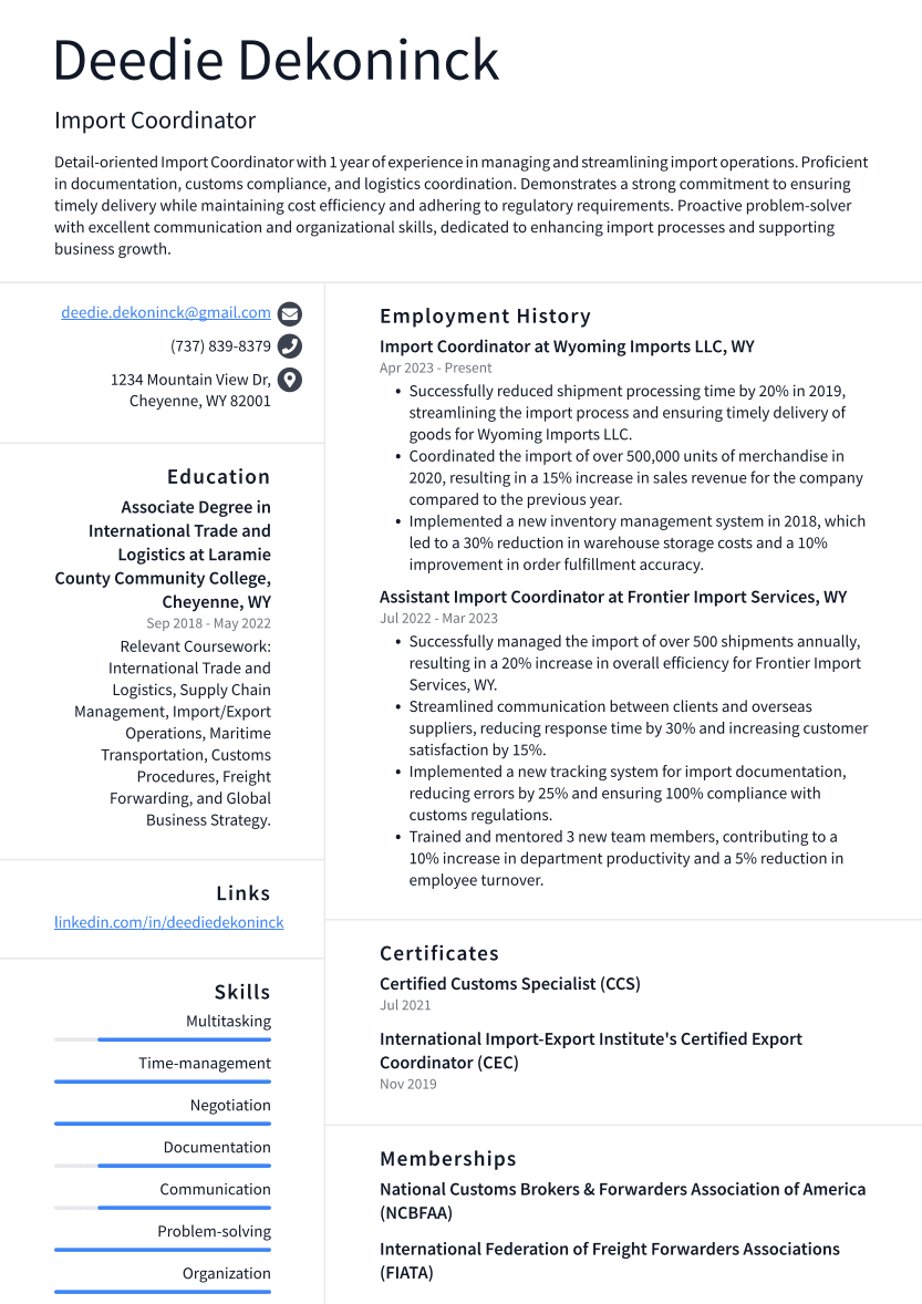 Import Coordinator Resume Example