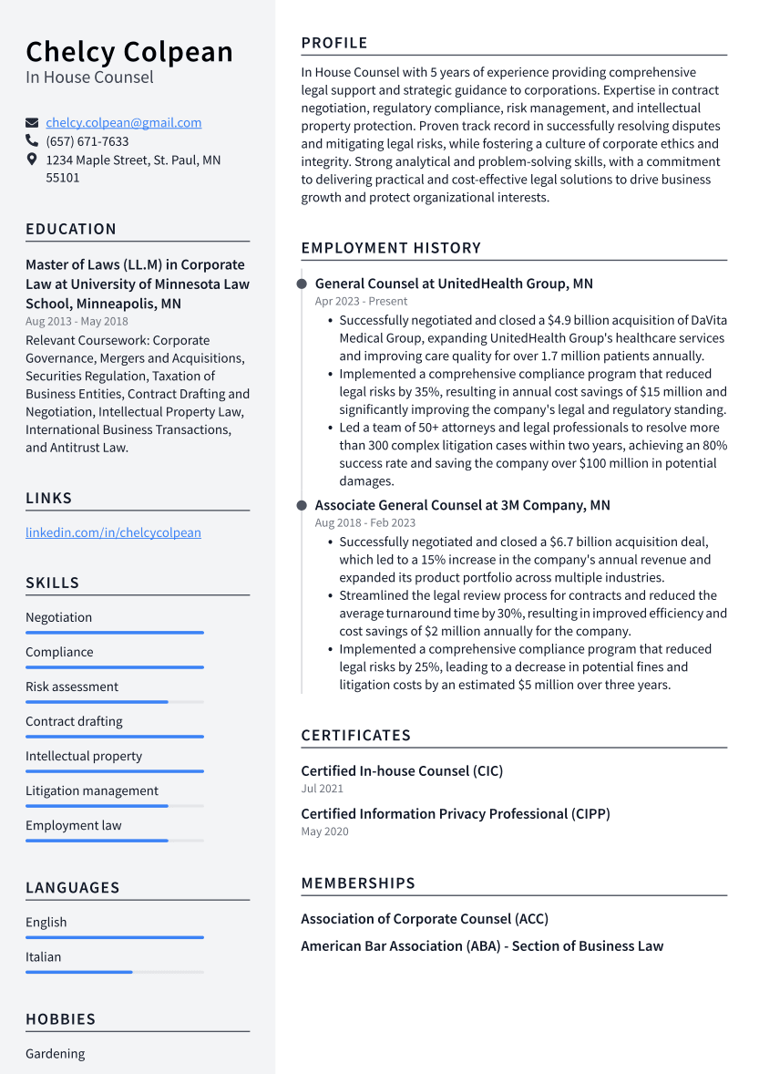 In House Counsel Resume Example