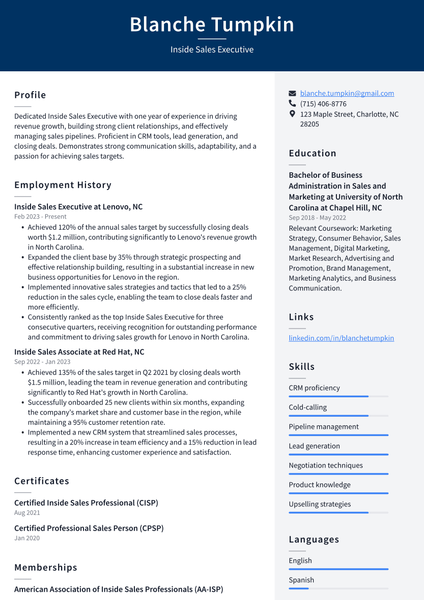 Inside Sales Executive Resume Example