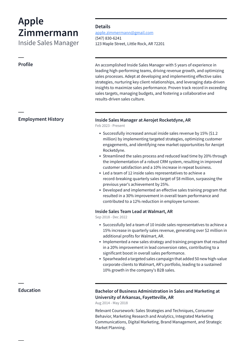 Inside Sales Manager Resume Example