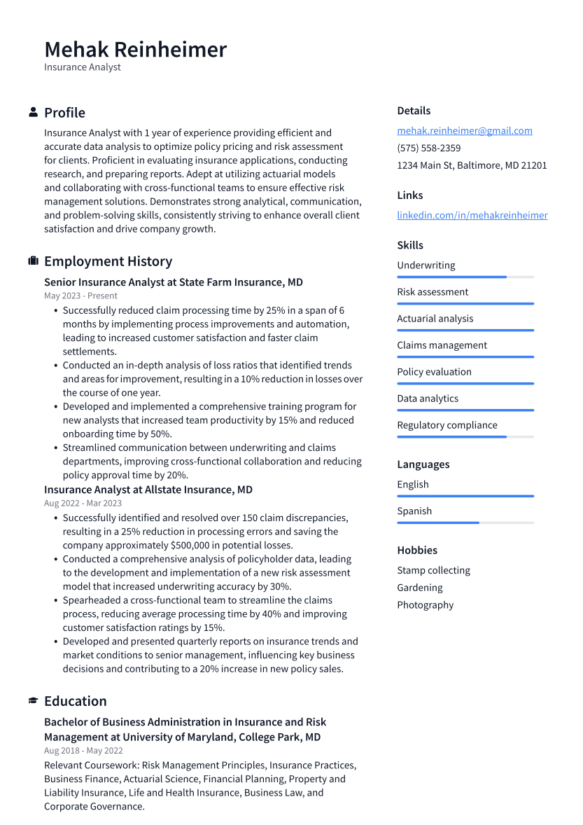 Insurance Analyst Resume Example