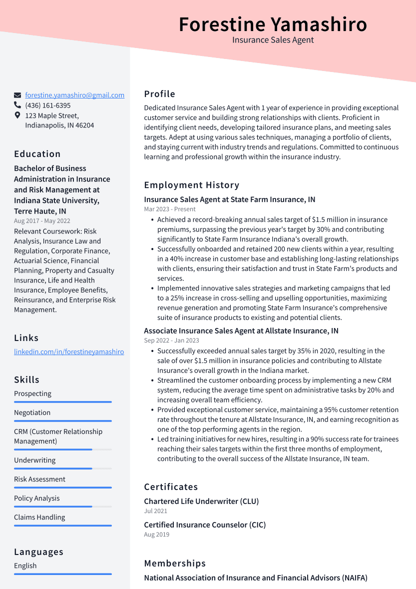 Insurance Sales Agent Resume Example