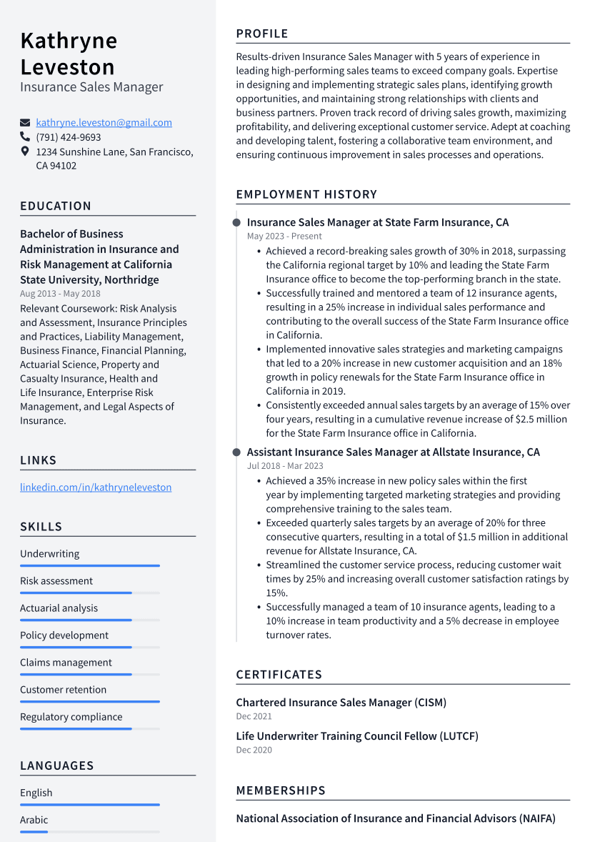 Top 17 Insurance Sales Manager Resume Objective Examples