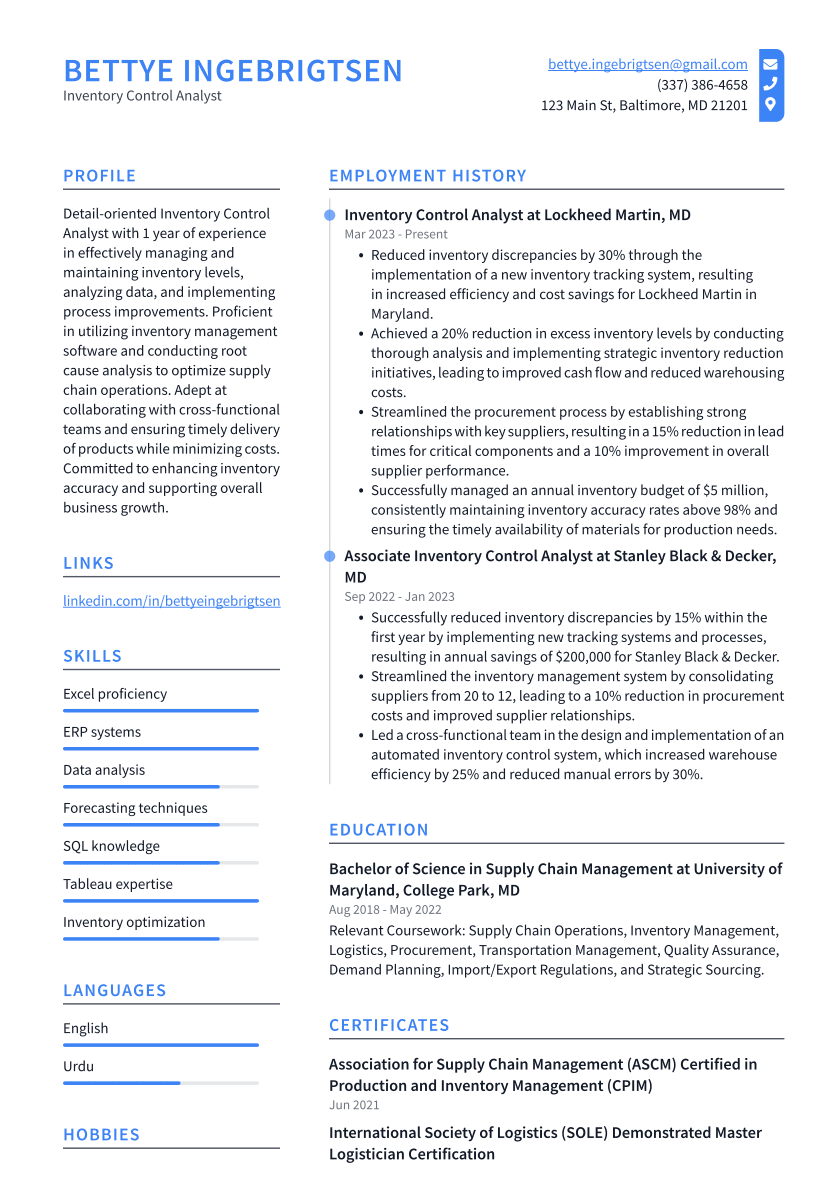 Inventory Control Analyst Resume Example