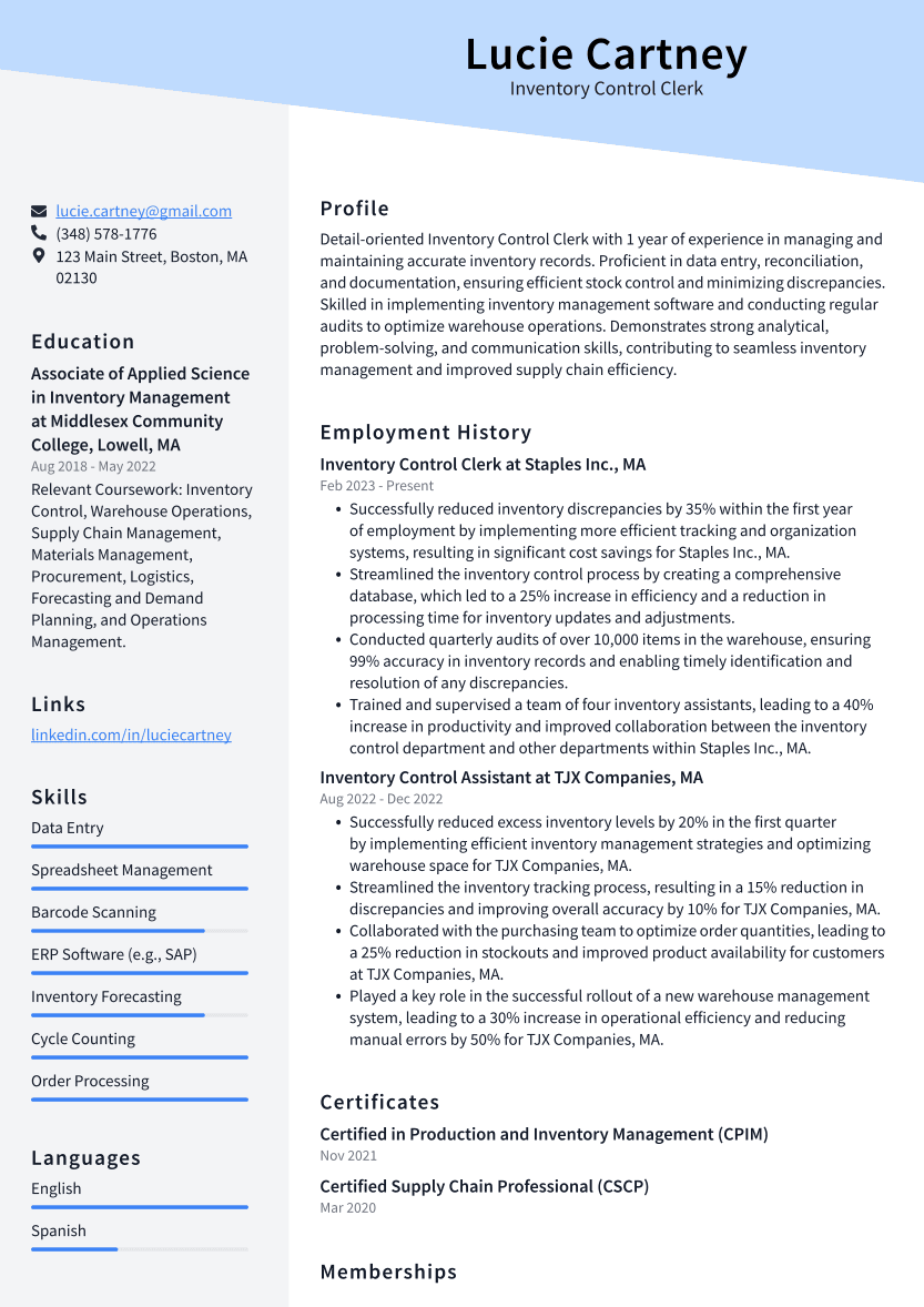 Inventory Control Clerk Resume Example