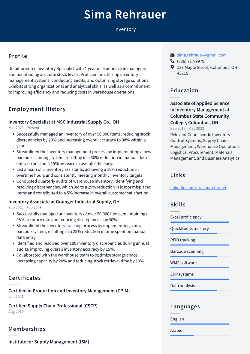 Inventory Resume Example