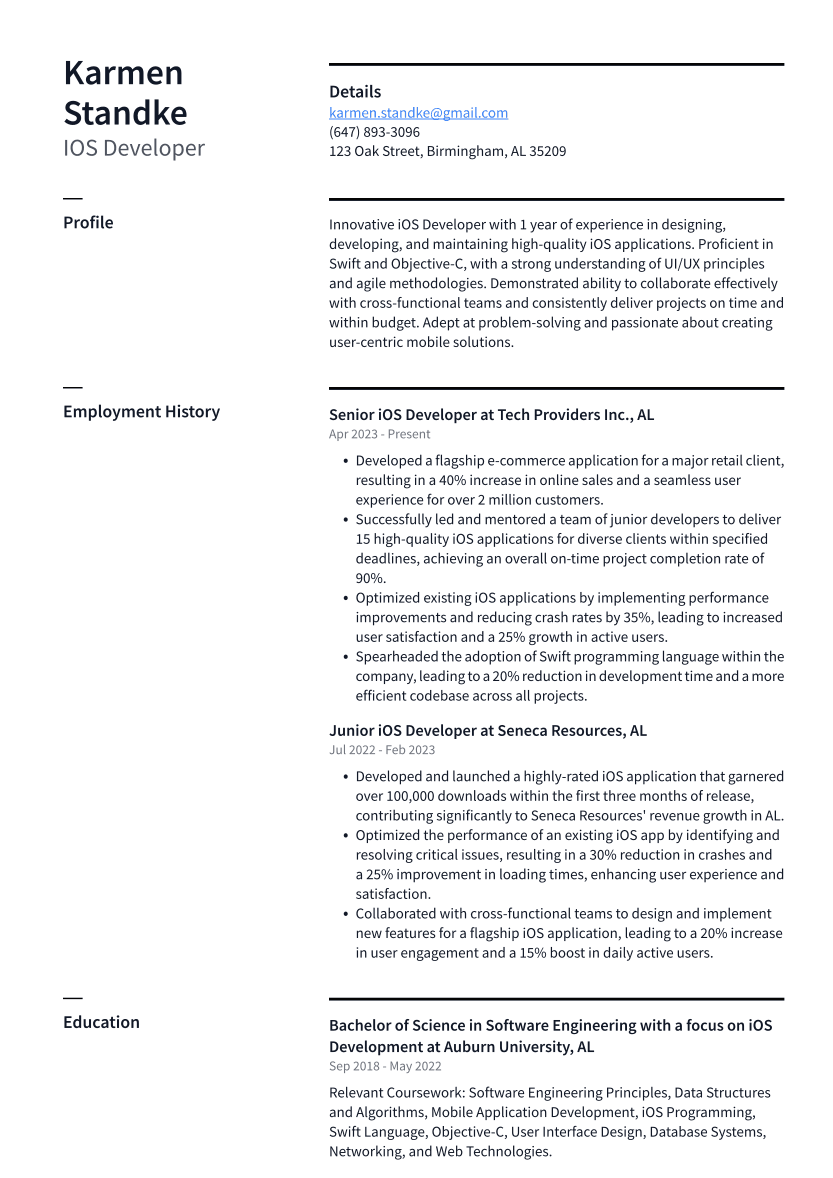 IOS Developer Resume Example