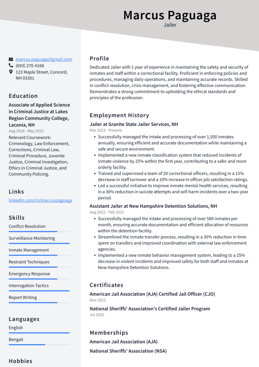 Jailer Resume Example