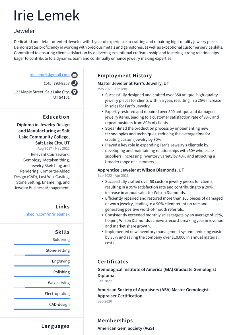 Jeweler Resume Example