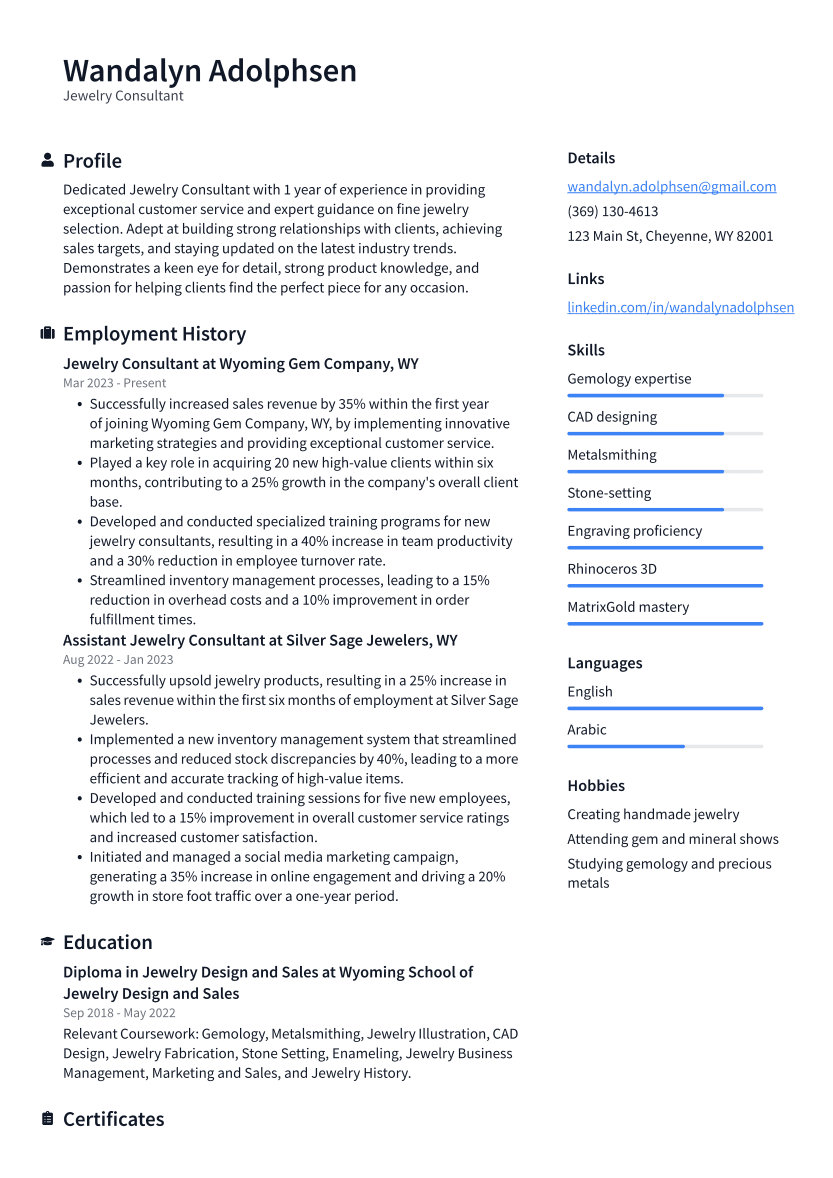 Jewelry Consultant Resume Example