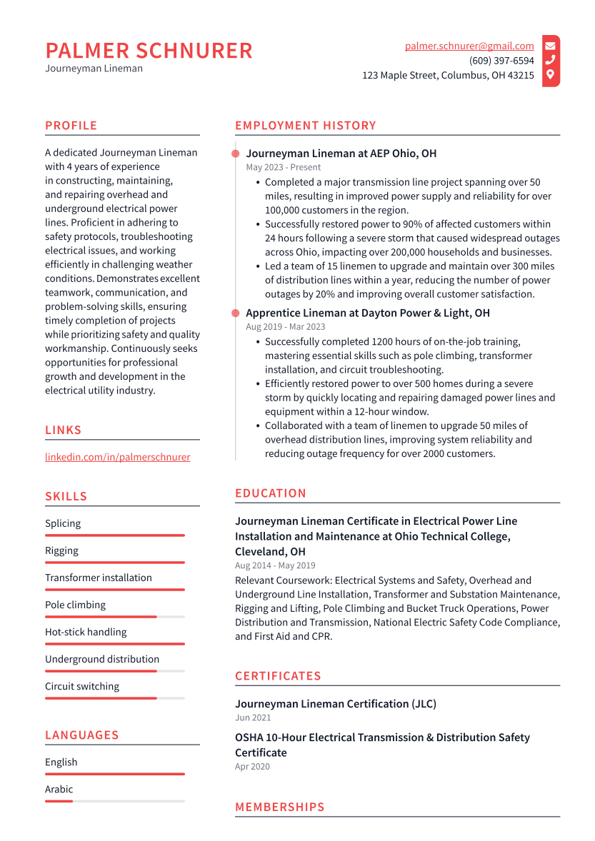 Journeyman Lineman Resume Example