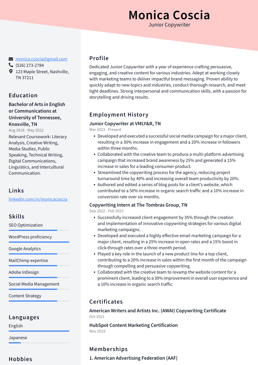 Junior Copywriter Resume Example