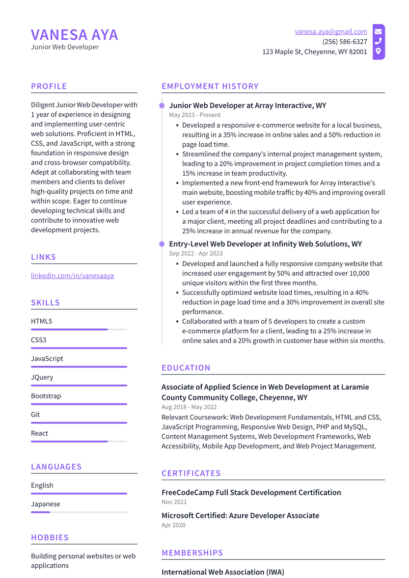 Junior Web Developer Resume Example