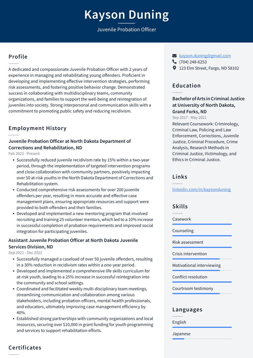 Juvenile Probation Officer Resume Example