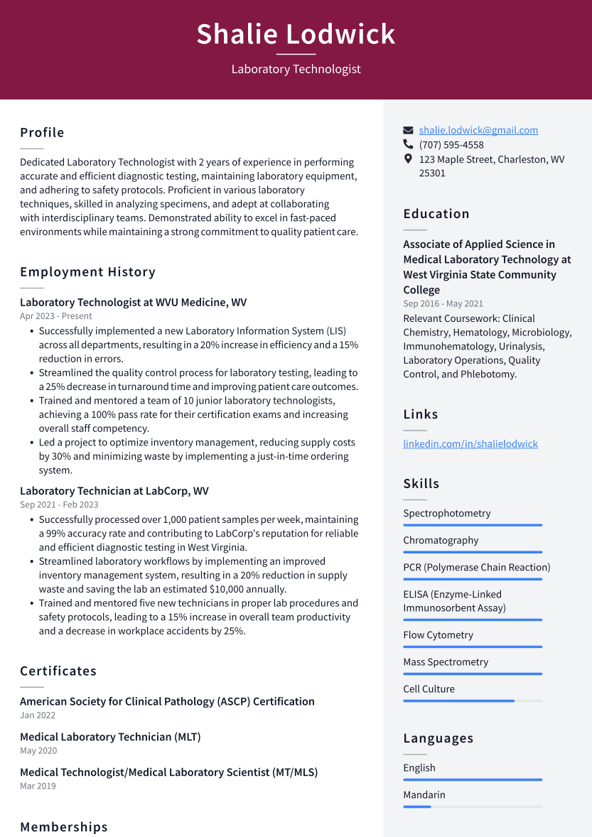 Laboratory Technologist Resume Example