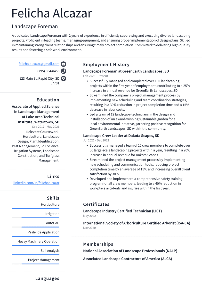 Landscape Foreman Resume Example