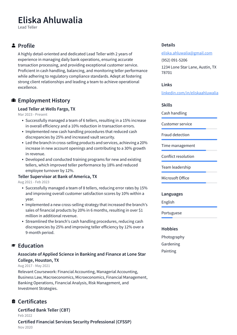 Lead Teller Resume Example