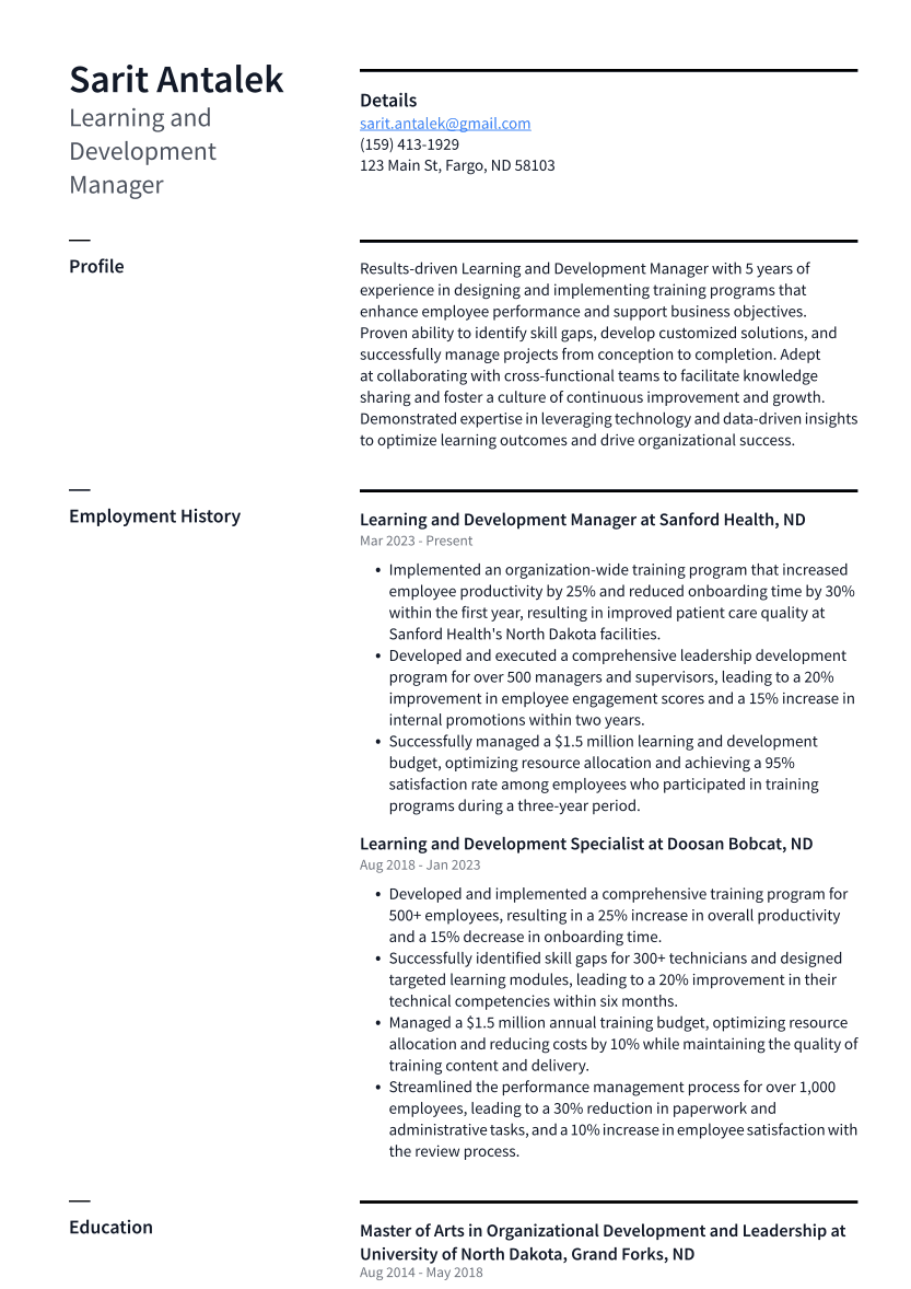 Learning and Development Manager Resume Example