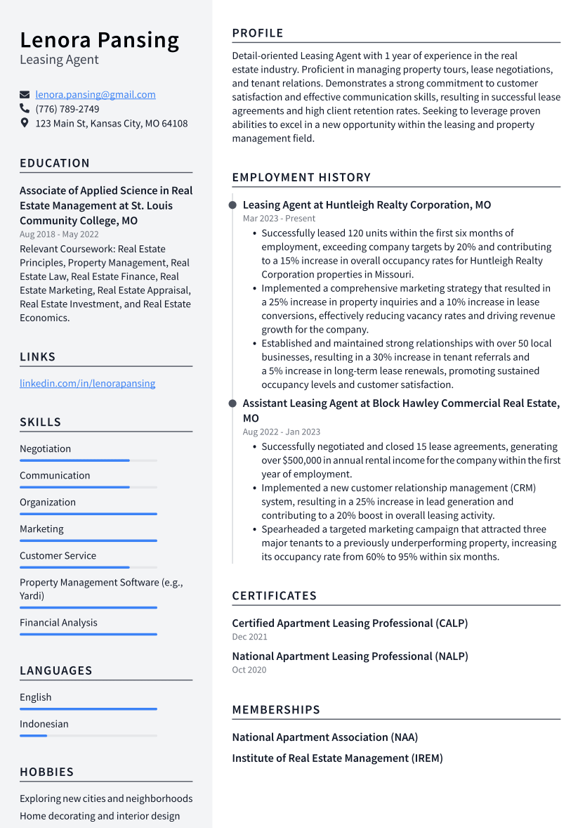 Leasing Agent Resume Example