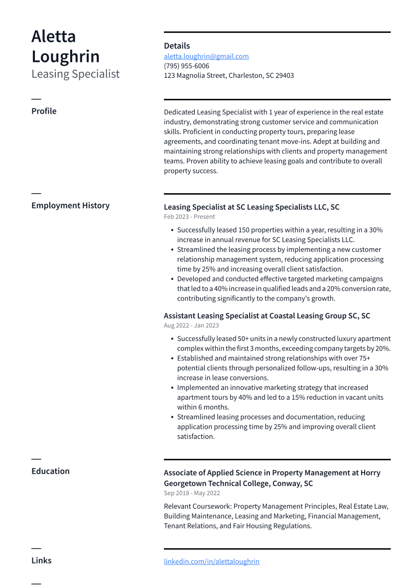 Leasing Specialist Resume Example