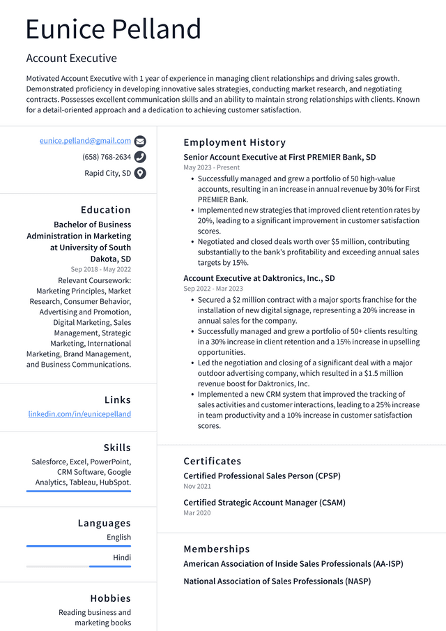 LinkedIn Account Executive Resume Example